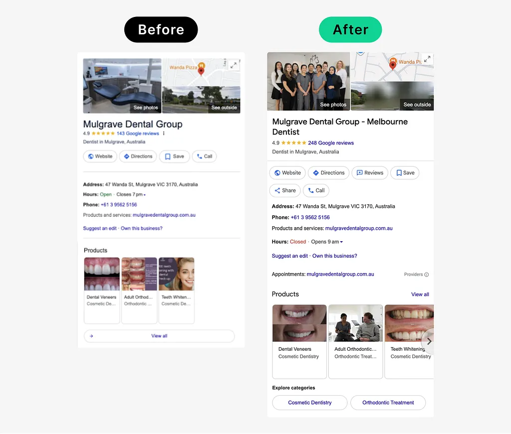Before and after of dental group Google Business Profile with review growth