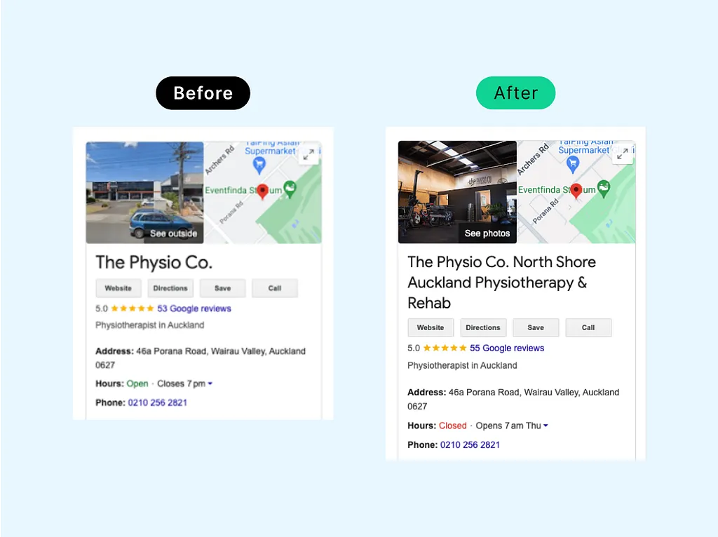 Before and after of physiotherapy clinic Google Business Profile optimization